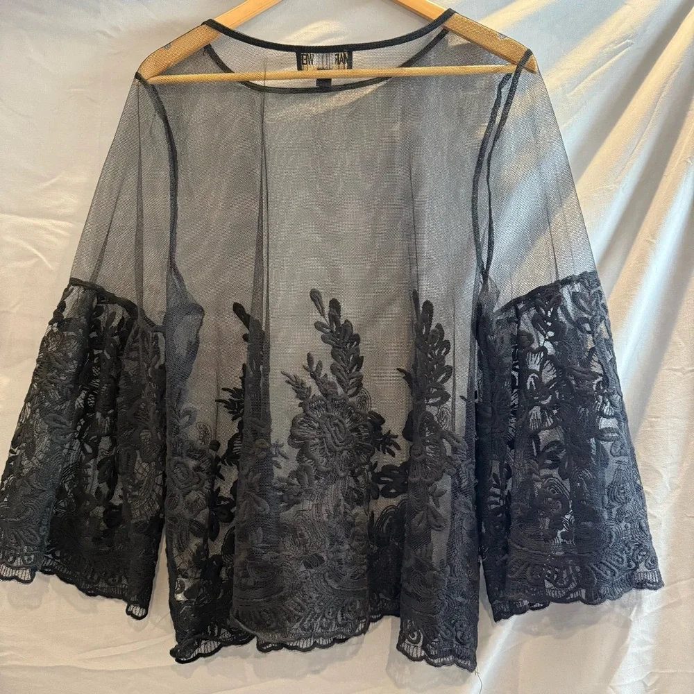 Marc Bouwer Black Sheer and Floral Lace Blouse Women’s XL - Picture 10 of 11